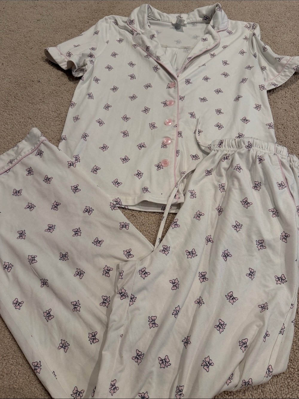 Forever 21 Short-Sleeve Button Pajama Set in White Pink bow Print Sz XS